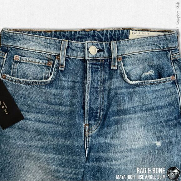 RAG & BONE MAYA HIGH-RISE ANKLE STRAIGHT JEANS IN AQUARIUS W/ HOLES SIZE 28 - Picture 6 of 16